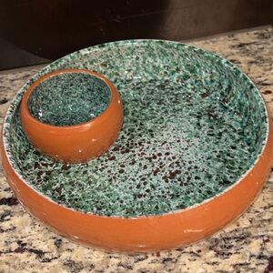 Over & Back Terracotta Chip & Attached Dip Bowl, Green Glazed Sponge Ware, Italy